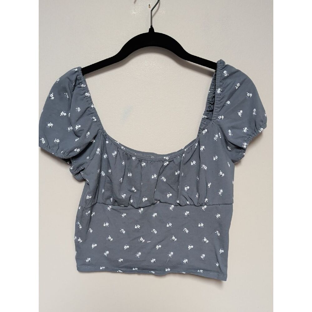 Hollister Gray Floral Square-Neck Puff Sleeve Crop Top